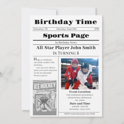 Personal Ice Hockey Birthday Invitation With Photo (Devant)
