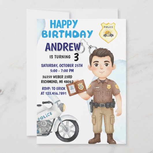 Personal Modern Cop Party birthday invitation (Devant)