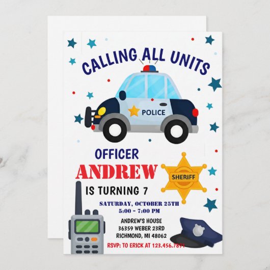 Personal Police Officer birthday party invitation (Devant / Derrière)