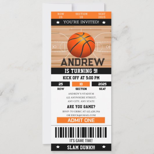 Personal Slam Dunk Birthday Bash Sports Ticket Kaart (Voorkant)