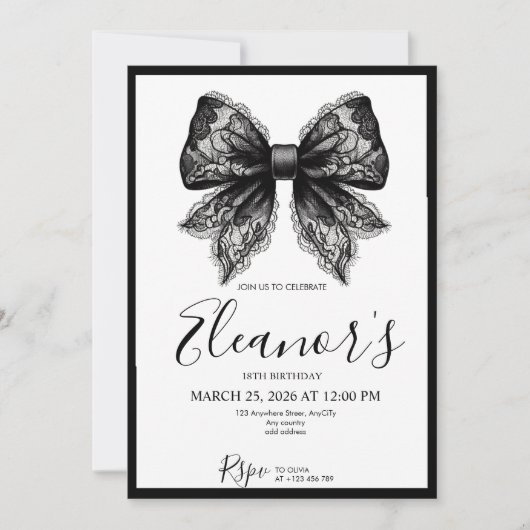 Personalised 18th Black Bow Birthday Invitation (Devant)