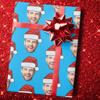 Personalised Face Santa Hat Blue Gift Wrap Cadeaupapier