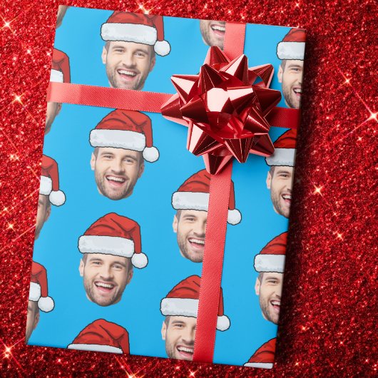 Personalised Face Santa Hat Blue Gift Wrap Cadeaupapier