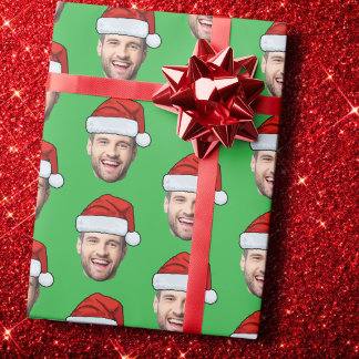 Personalised Face Santa Hat Green Gift Wrap Cadeaupapier