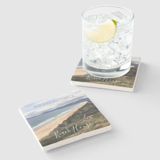 Personalised mountain views beach house stenen onderzetter (Zijkant)