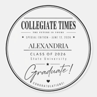 Personalised Newspaper Graduation 2026 Ronde Sticker