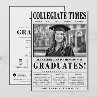 Personalised Newspaper Graduation Invitation 2026 Kaart