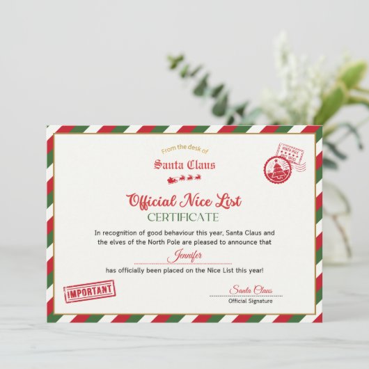 Personalised Official Nice List Certificate Santa Kaart (Staand voorkant)