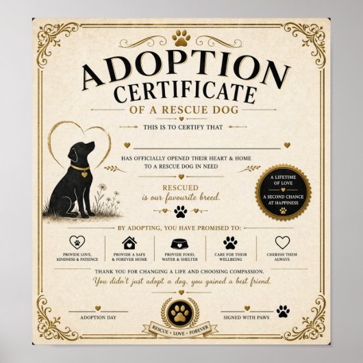 Personalised Rescue Dog Adoption Certificate Poster (Voorkant)