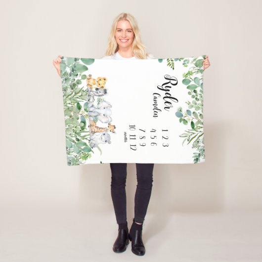 Personalised Safari Animals Baby Milestone Blanket Fleece Deken (In situ)