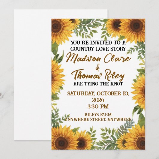 Personalised Sunflower Wedding Invitation | Rustic (Devant / Derrière)