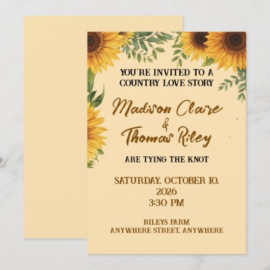 Personalised Sunflower Wedding Invitation | Rustic (Devant / Derrière)