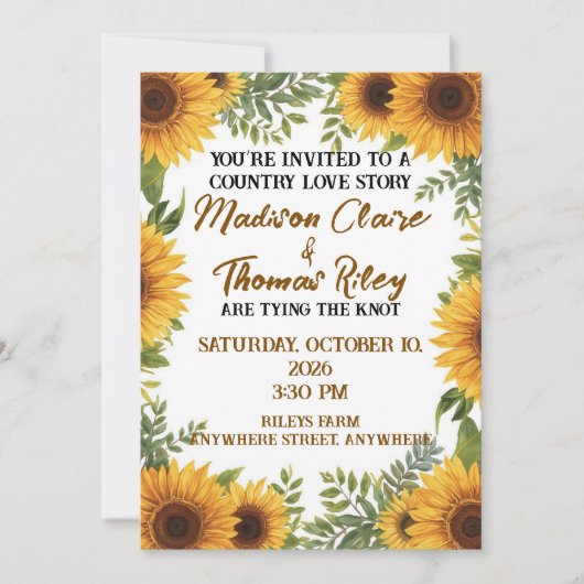 Personalised Sunflower Wedding Invitation | Rustic Kaart (Voorkant)