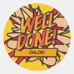 Personalised WELL DONE Fun Comic Book Award Ronde Sticker