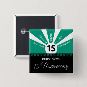 Personaliseer, 15-jarig bedrijfsjubileum van werkn vierkante button 5,1 cm