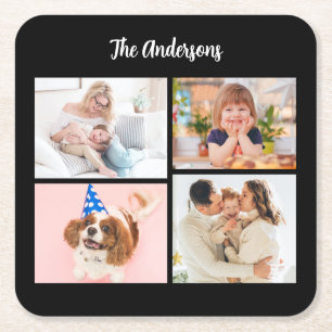Personaliseer 4 familiefoto's en naam op zwart vierkante kartonnen onderzetter