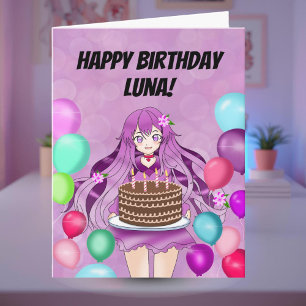 Personaliseer Anime Tiener Meisje Met Cake Kaart