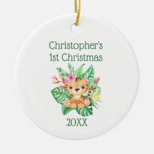Personaliseer Baby 1e Kerstmis Baby Tijger Groene Keramisch Ornament