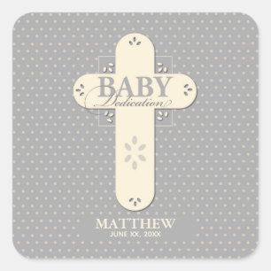 Personaliseer, Baby Inwijding Crème & Grijze Kruis Vierkante Sticker