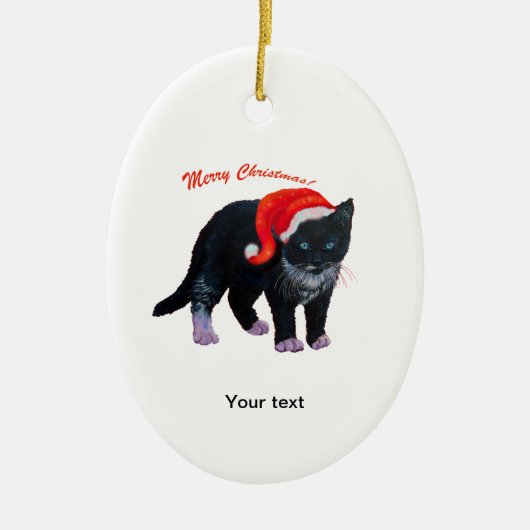 Personaliseer Black Kitten Vrolijk Kerstfeest Keramisch Ornament (Voorkant)