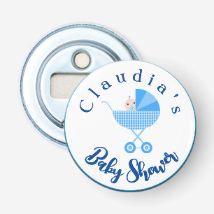 Personaliseer Blue Carriage Baby shower Favor Button Flesopener