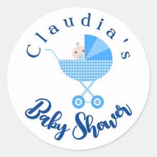 Personaliseer Blue Carriage Baby shower Favor Ronde Sticker