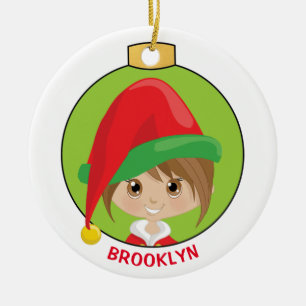 Personaliseer Brunette Girl Elf Keramisch Ornament