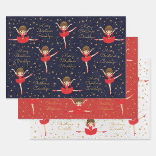 Personaliseer Brunette Kerstballerina Inpakpapier Vel