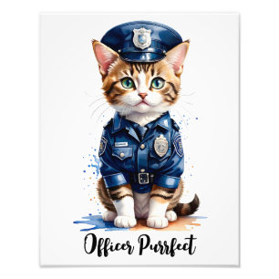 Personaliseer Cat in Politie Uniform Waterverf Kun Foto Afdruk
