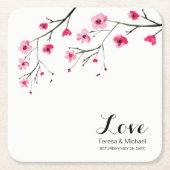 Personaliseer Cherry Blossom Waterverf Bruiloft Vierkante Kartonnen Onderzetter (Voorkant)