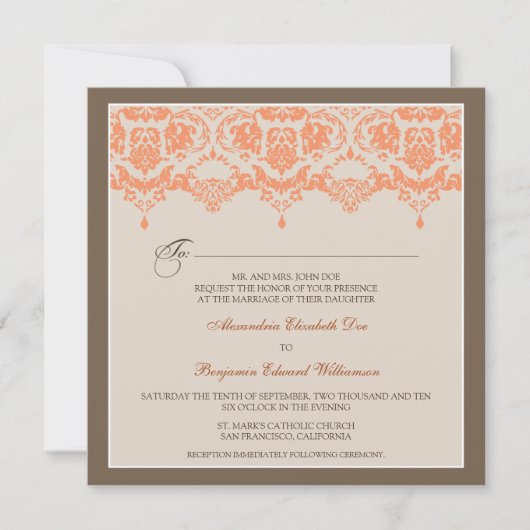 :personaliseer: Coral Darling Damask Wedding Invit Kaart (Voorkant)