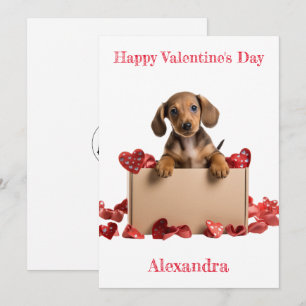 Personaliseer Dachshund Puppy in Box Valentijn Kaa Feestdagenkaart