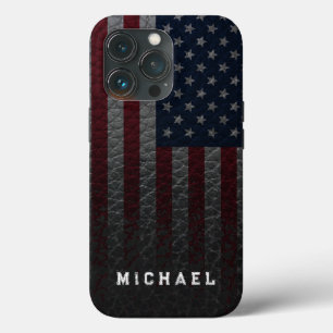 Personaliseer de Vlag van de VS Faux Leather Achte iPhone 13 Pro Hoesje
