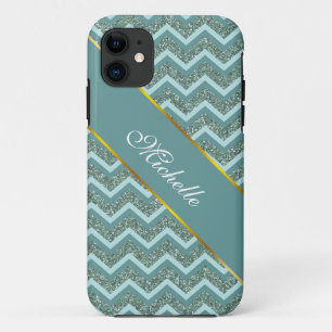 Personaliseer deze Blauwgroen Glitter ZigZag iPhone 11 Hoesje
