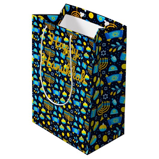 Personaliseer HANUKKAH Blue Gold Gift Bag Medium Cadeauzakje (Achterkant Gekanteld)