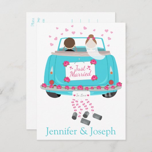 Personaliseer Just Married Blue bruiloft aankondig Aankondigingskaart (Voorkant / Achterkant)