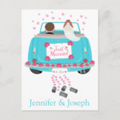 Personaliseer Just Married Blue bruiloft aankondig Aankondigingskaart (Voorkant)