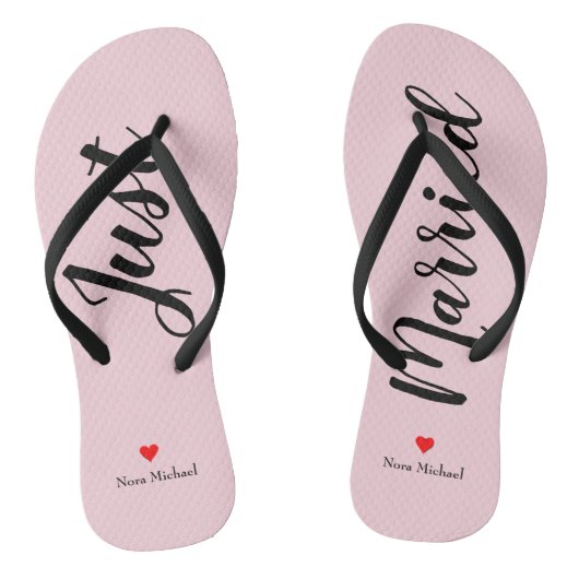 Personaliseer Just Married Teenslippers in bord ro (Voetbed)