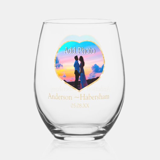 Personaliseer Koppels Hart Fotosjabloon Naam Datum Wijnglas Zonder Voet (Voorkant)