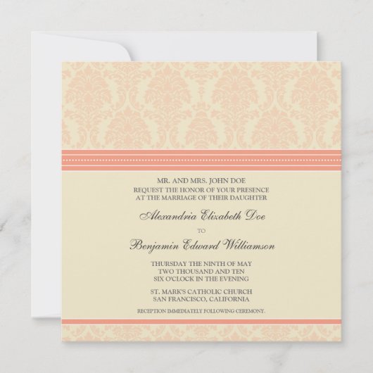 :personaliseer: Koraal/Cream Damask Wedding Invita Kaart (Voorkant)