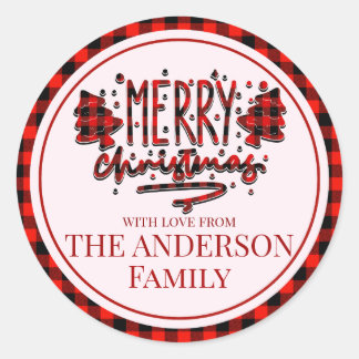 Personaliseer Merry Christmas buffalo rode plaid Ronde Sticker