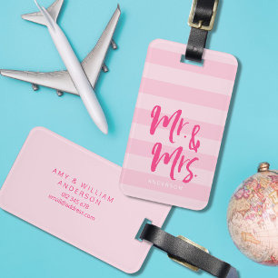 Personaliseer met naam Mr en Mrs Pink Stripes Bagagelabel
