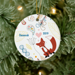 Personaliseer Modern Fox Woodland Pattern Keramisch Ornament