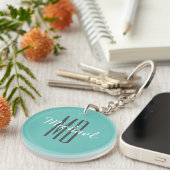 Personaliseer monogram naam Wh/BK, licht Blauwgroe Sleutelhanger (Voorkant Rechts)