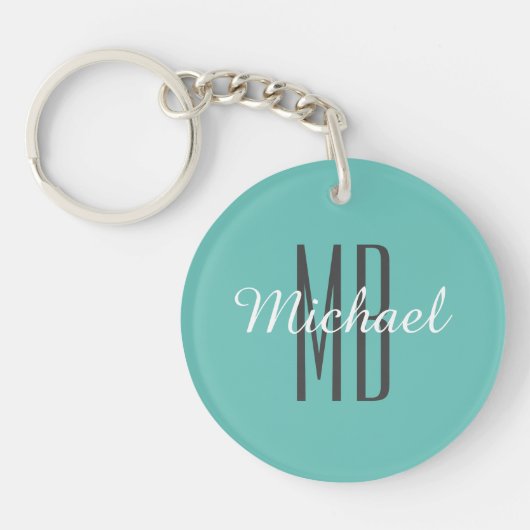 Personaliseer monogram naam Wh/BK, licht Blauwgroe Sleutelhanger (Voorkant)