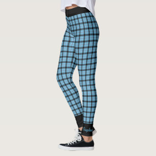 Personaliseer Naam Blauw Zwart Plaid, Zwarte Trim  Leggings
