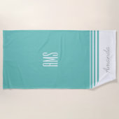 Personaliseer naam en Initialen, Blauwgroen en wit Strandlaken (Voorkant)