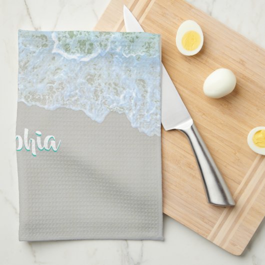 Personaliseer Naam, Wit & Blauwgroen, Zachte Stran Theedoek (Quarter Fold)