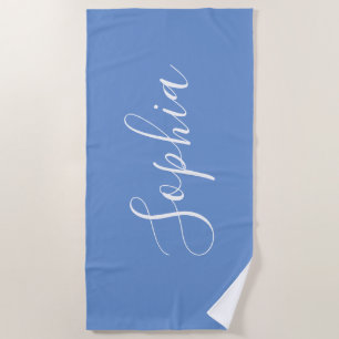 Personaliseer Naam Wit Script Verticaal, Blauw Strandlaken