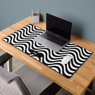 Personaliseer Naam Zwart Wit Wavy Stripes Hypnotic Bureaumat